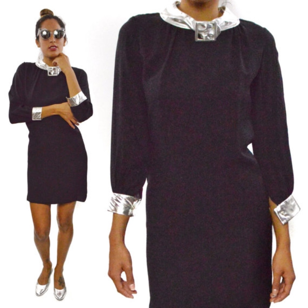 Vtg 60's Mod Space Age Black Silver Shift Dress